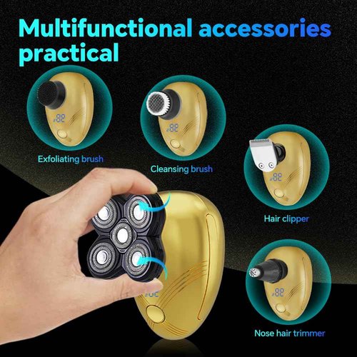5-in-1 Electric Cordless Razor for Men Head Shaver for Bald Men Grooming Kit with Nose Trimmer-Hair Clippers-Facial Brush, LED Display Rotary Shavers,USB Charging Rechargeable (Gold)