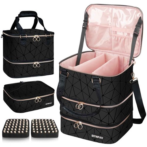 SIYNPAV Nail Polish Organizer Bag Holds 84 Bottles (15ml/0.5fl.oz)& Nail Lamp, 3 Layers Detachable Nail Kit Storage Case PU Leather, Large Travel Nail Supplies Shoulder Bag for Manicure Tools (Black)