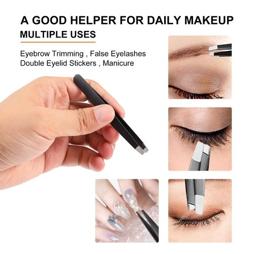 SetSail 4-Piece Tweezers Set, Eyebrow Tweezers Black Stainless Steel Slant, Slanted Pointed, Round Pointed & Flat Tip Tweezers for Precision Grooming for Women & Men
