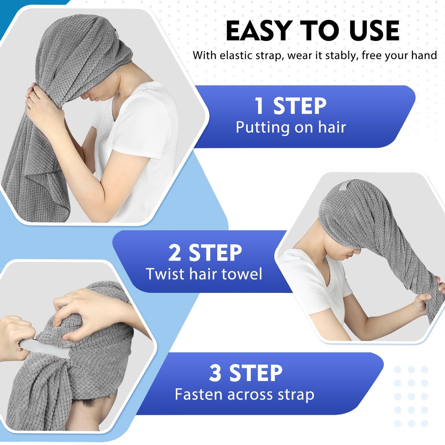 BEBALETY Large Microfiber Hair Towel Wrap for Women Long, Curly, Thick Hair, Super Soft Microfiber Towel for Hair, Anti Frizz Hair Drying Towel with Elastic Strap,Fast Drying Head Towels