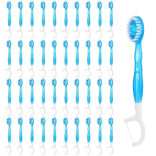 Wanmu 50 Pack Disposable Mini Travel Toothbrushes, 5 in 1 Tool Brush+Floss+Pick+Tongue Scraper, Bulk Toothbrushes Individually Wrapped Prepasted Toothbrush, On The Go Toothbrush with Freshening Bead