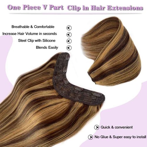 Human Hair Clip Extensions - Chocolate Brown to Caramel Blonde Ombre Highlight V Shape - 14" 70G 4/27 One Hairpiece 3/4 Full Head Balayage With 5 Secure Clips