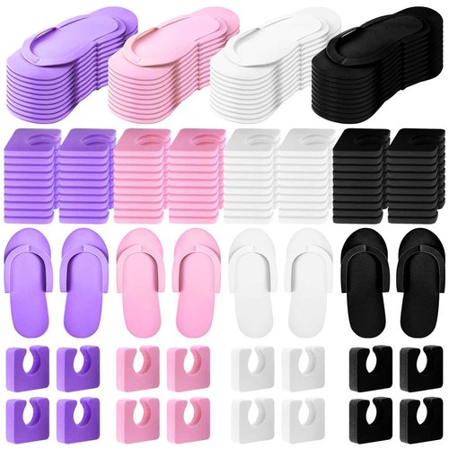 Suhine 120 Pairs Disposable Pedicure Slippers and Toe Separators Kit 40 Pairs Disposable Foam Flip Flops 80 Toe Separators for Women Nail Hotel Salon Spa Party(Black, Purple, White, Pink)