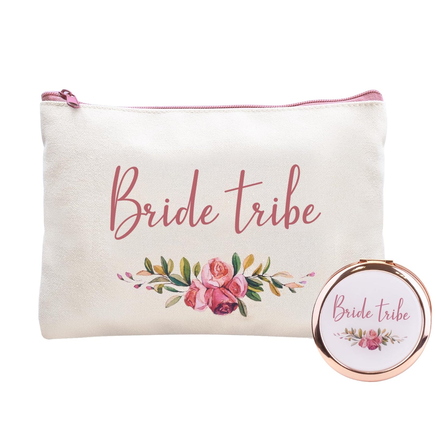 CARAKNOTS 2 Pcs Bride Tribe Gifts Bride Tribe Makeup Bag Wedding Bachelorette Party Gifts for Bride Tribe Bridal Shower Gifts for Team Bride Cotton Cosmetic Toiletry Bag with Compact Mirror