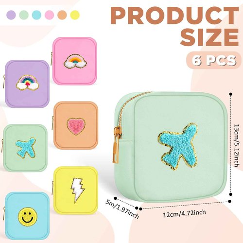 Zubebe 6 Pcs Preppy Patch Cute Makeup Bags Toiletry Bags Skincare Pouch Chenille Letter Nylon Bag for Purse Small Zipper Cosmetic Makeup Pouch Preppy Things for Travel(Fresh Color)
