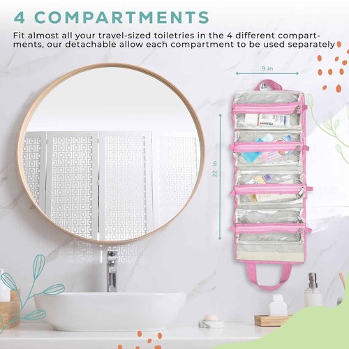 4-in-1 Hanging Toiletry bag - Roll-Up Makeup Bag - 4 Detachable PVC Zip Pouches – 600D Oxford Fabric, Versatile Travel Toiletry Organizer Bag - Makeup, Cosmetics, First Aid, Medicine Personal Care,