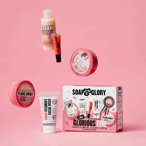 Soap & Glory The Glorious Five Gift Set - Righteous Butter Body Butter, Clean On Me Shower Gel, Flake Away Body Scrub, Vitamin C Face Wash, & Pillow Plumping Lip Gloss - Holiday Gift Sets
