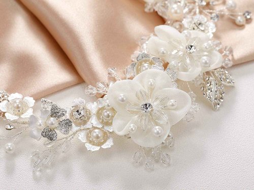 SWEETV Flower Girl Headpiece Ivory Tulle Flowers Wedding Headband for Girls, Princess Pearl Hair Accessories for Birthday Party, First Communion