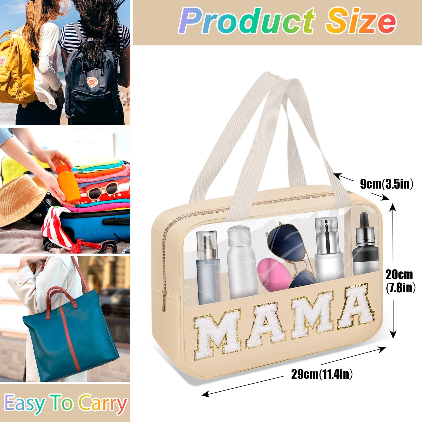 Preppy Clear Makeup Bags with Chenille Letter Patches, Travel Essentials Clear Zipper Mama Pouch with Handles, Nylon & PVC Waterproof Travel Toiletry Bag for Women (Beige, Mama)