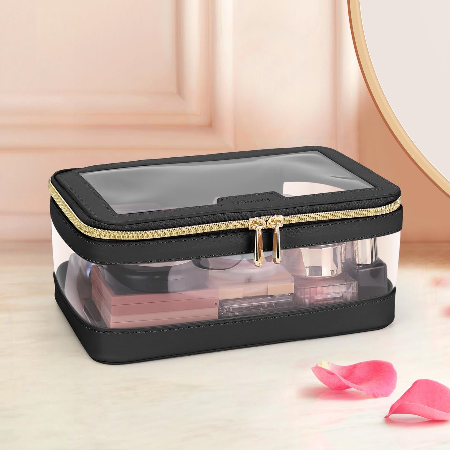 Soimeat Clear Makeup Bag, Leather Travel Makeup Case Toiletry Bag, Portable Cosmetic Bag Case, Transparent Waterproof Cosmetic Organizer Storage Bag for Women, Black