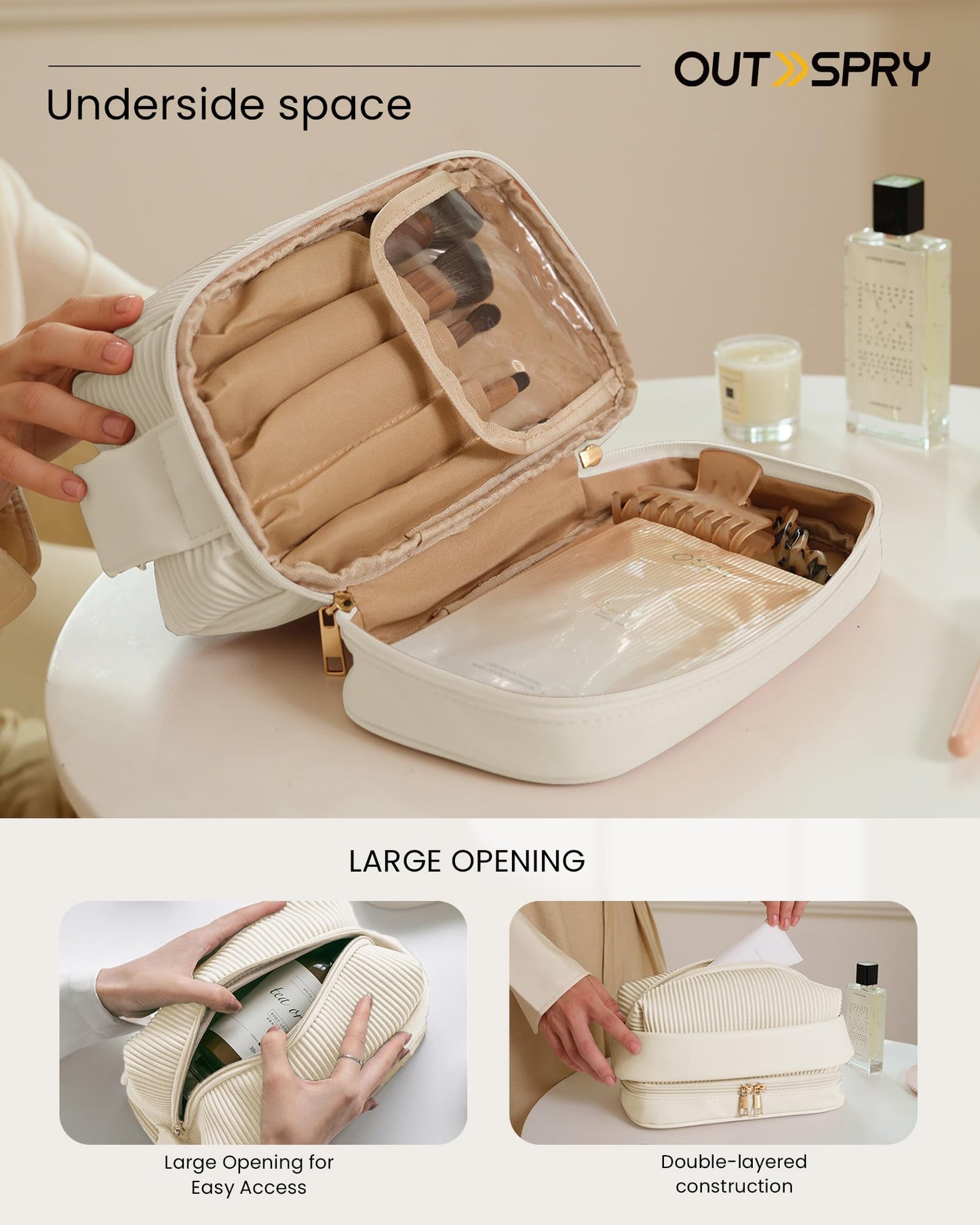 OutSpry Makeup Bag, Travel Cosmetic Bag [Cream Toast Bag] [Makeup Brush Compartment] Large Capacity Double Layer Vegan Leather Water-Resistant Toiletry Bag, Cream White