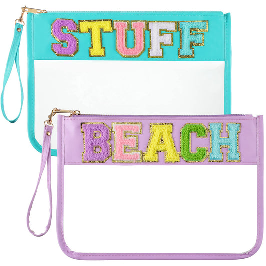 Sanwuta 2 Pcs Chenille Letter Clear Zipper Pouch Clear Cosmetic Bag Clear Purse Clear Makeup Letter Bag Stadium Purse Bag Transparent Travel Patch Pouch (Beach Stuff, 11.8 x 8.2 Inch)