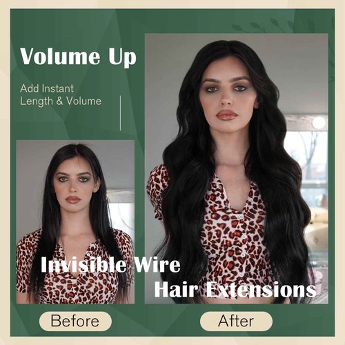 Ugeat Black Wire Hair Extensions Real Human Hair Jet Black Invisible Wire Hair Extensions 12 Inch Short with Adjustable Transparent Headband Hair Piece Remy Softness No Damage 70g