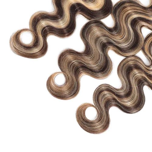 Dokksiiia P4613 Ombre Highlight Body Wave Human Hair Bundles Chocolate Brown and Blonde Mix P4/613 Ombre Brown Weave Bundles Brazilian Human Hair Extensions Silky and Soft 10 12 14 Inch