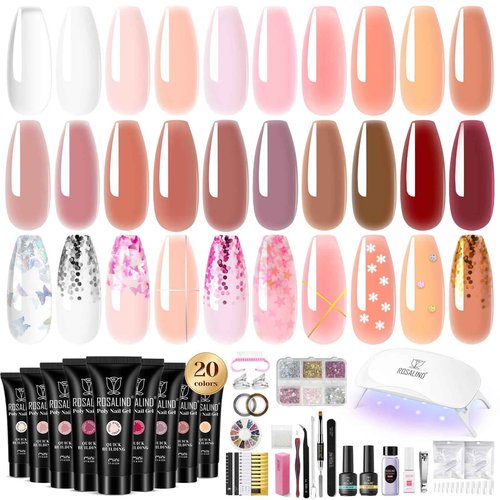 Poly Nail Gel Kit -20 Colors + 76 Nail Art Accessories ROSALIND Nude Clear Poly Nails Gel Kit Starter Kit with Slip Solution Nude Pink Nails Extensions with Mini UV Lamp