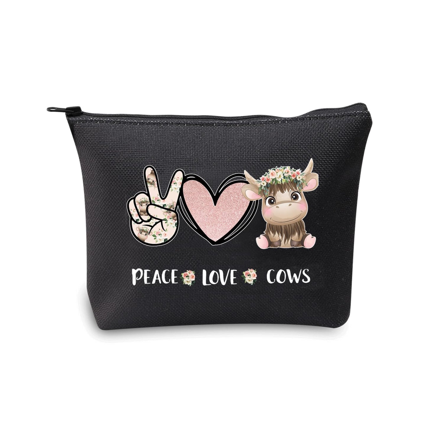 JXGZSO Cow Pattern Makeup Bag Peace Love Cows Cosmetic Bag With Zipper Cow Lover Gift Cattle Owner Animal Lover (Peace Love Cows black)