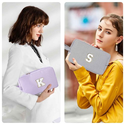 Huifen Personalized Initial Makeup Bag A-Z, Travel Toiletry Bag Preppy Make Up Bag Cosmetic Pouch Makeup Organizer for Women Birthday Christmas Gifts for Teen Girls Trendy Stuff (Purple, C)