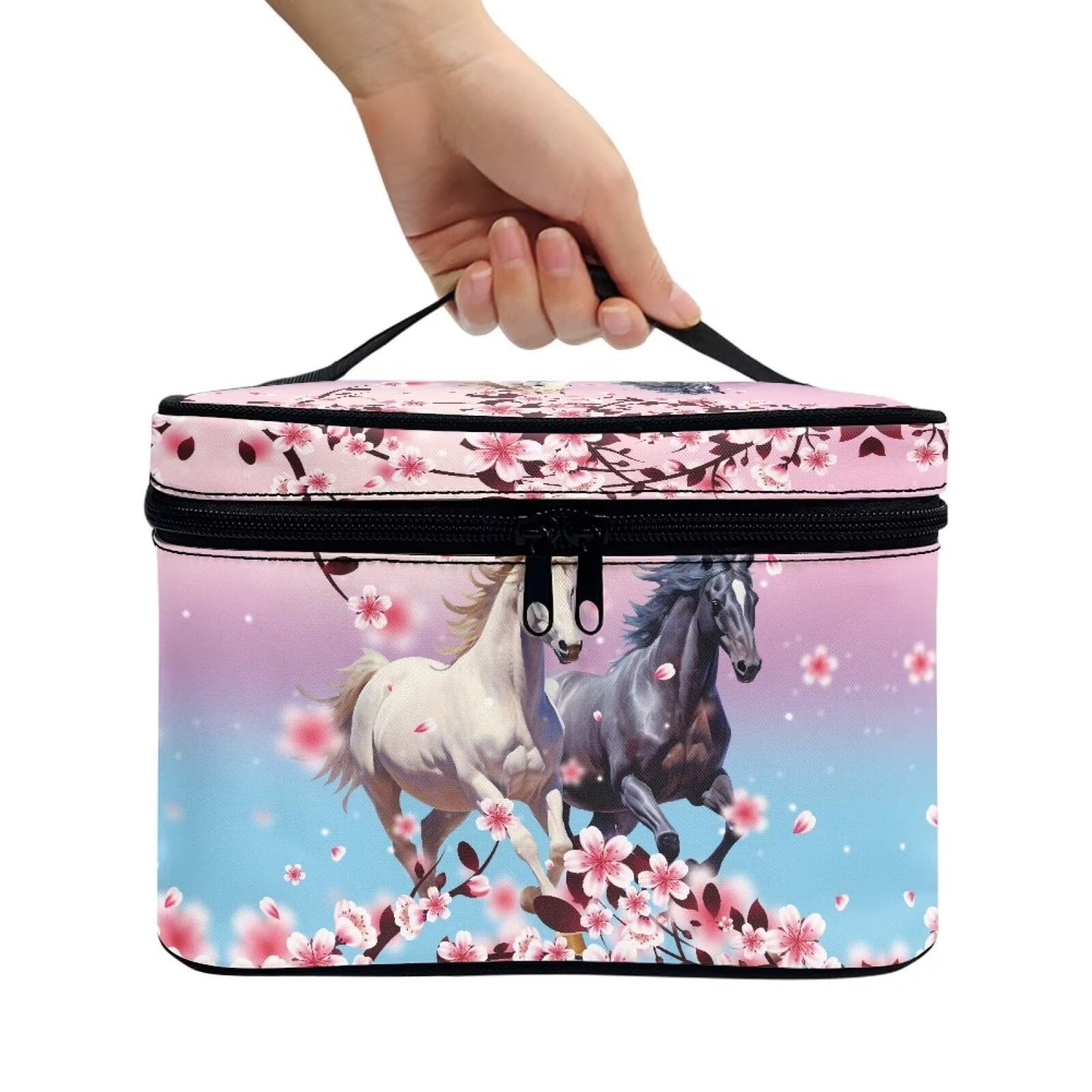 ELEDIZI Horse Makeup Bag for Women Pink Cherry Blossom Cosmetic Bag with Brush Slot Make Up Travel Bag Organizer Large Capacity Toiletry Bag with Zipper Travel Size Skincare Bag Travel Gifts for Women