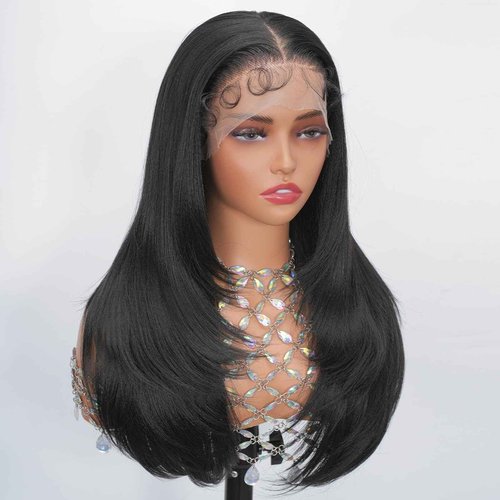 Looxey Lace Front Wigs for Black Women 13X6 Long Layered Straight Wig with Baby Hair Synthetic Hair Soft As Human Hair 24 Inch 1B Black Pre Plucked Bleached Knots Glueless Wig