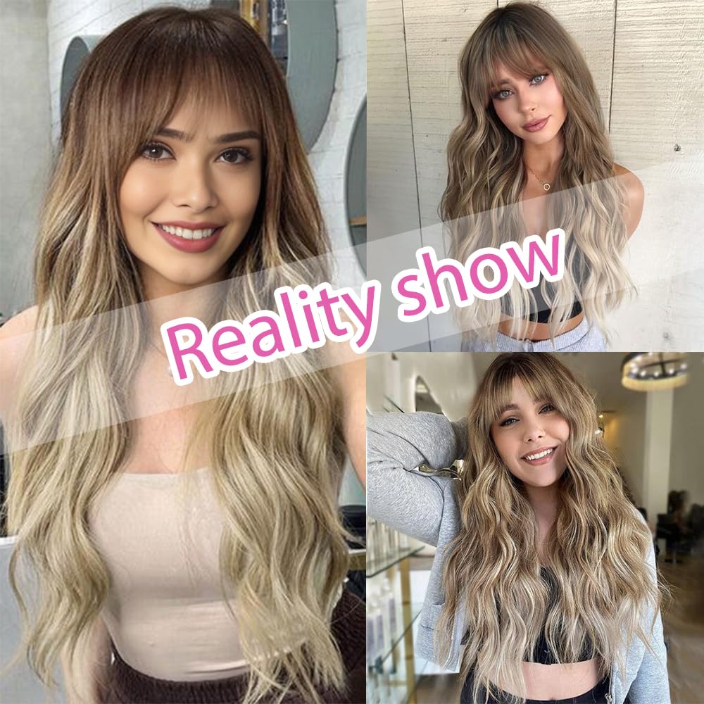 IFSUP Long Blonde Wig with Bangs 26inch Wavy Curly Wigs for Women Upgraded Synthetic Protein Fiber Natural Looking Hair Replacement Wigs Cosplay Costume Halloween Wigs(26'' Ombre Blonde)