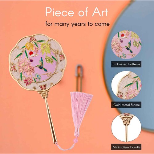 Dsgvw Hand Mirror, Handheld Mirror with Hummingbird Embossed Patterns, Elegant Metal Hand Craft Makeup Mirror, Beautiful Gift Value, Compact and Portable (Hummingbird Gold)