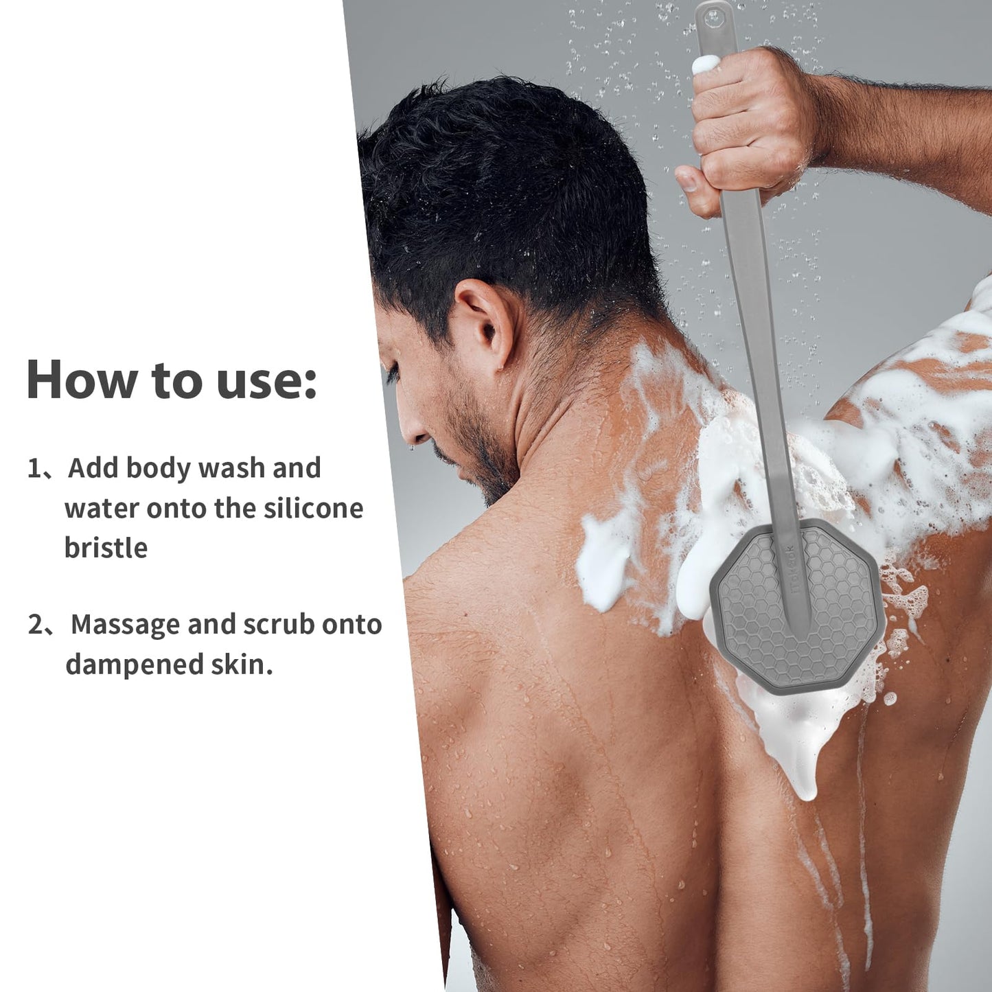 iTokGoK® Silver-Infused Silicone Back Scrubber with Long Handle Back Brush for Shower,Back Brush Long Handle for Men and Women,Ergonomic No-Slip Handle, Long-Lasting & Easy to Clean - Gray