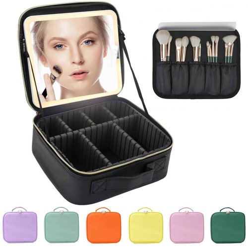 MORMID Travel Makeup Bag with LED Lighted Mirror, Travel Makeup Organizer,3 Color Setting Cosmetic Makeup Box, Adjustable Dividers and Brush Holder（black）