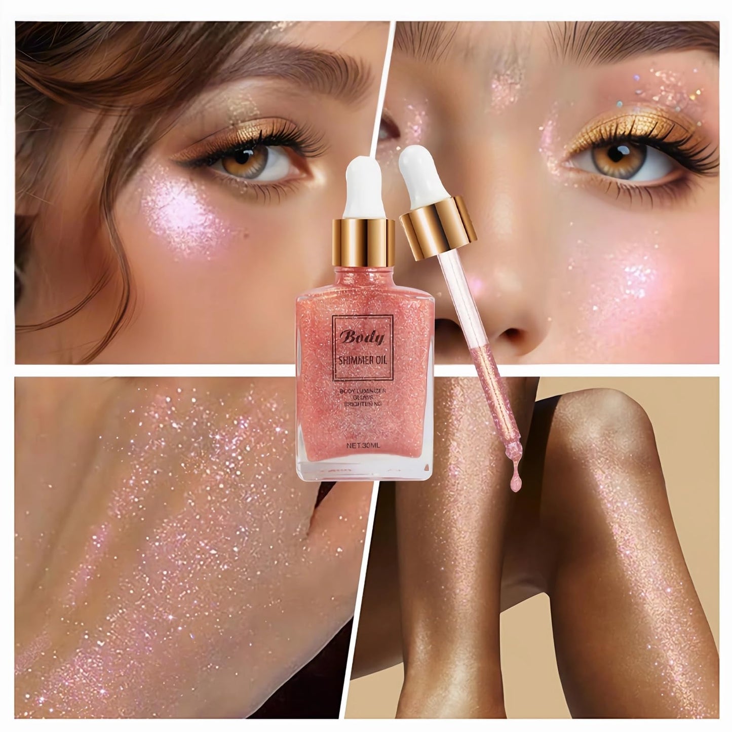 Hydrating Shimmer Body Oil, Rose Gold Liquid Luminizer Body Glitter Long Lasting, Body Highlighter Shimmer Makeup, Face Body Glow Shimmer for Women, Non-Sticky Shine Glitter Liquid