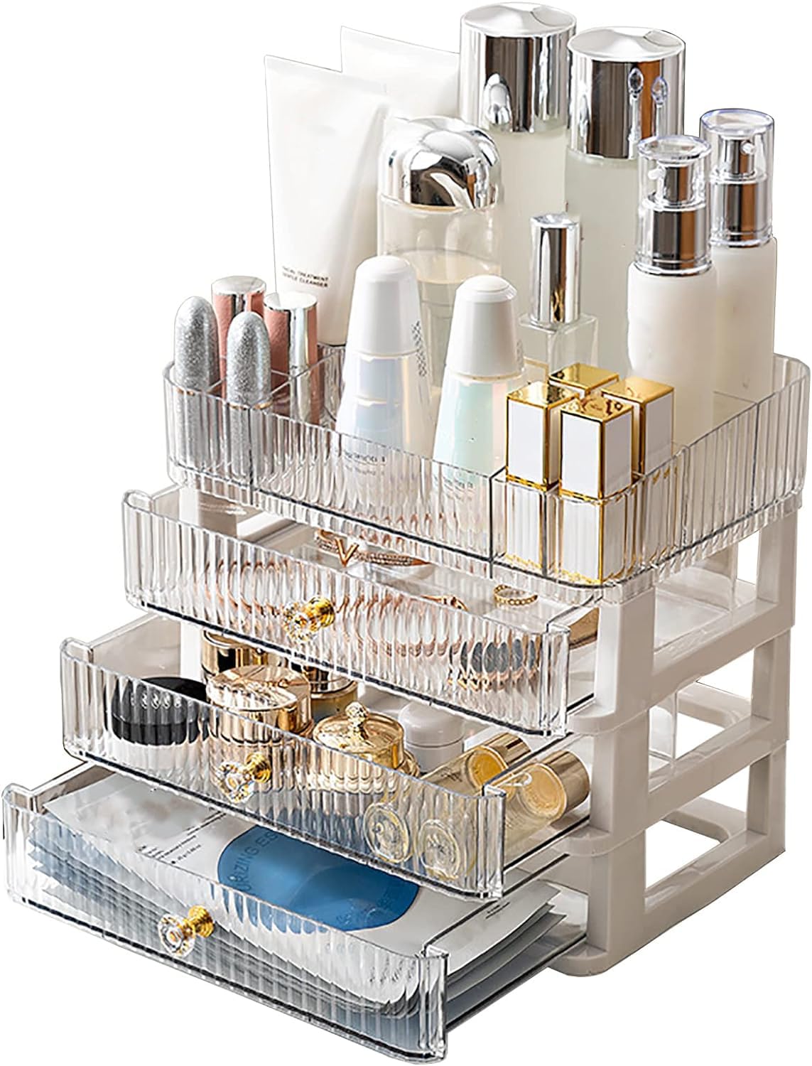 Kroshine Makeup Organizer with 3 Drawers, Countertop Organizer for Cosmetics, Desk Storage Holder for Lipstick, Brushes, Eyeshadow, Nail Polish and Jewelry (Large Capacity, Clear)