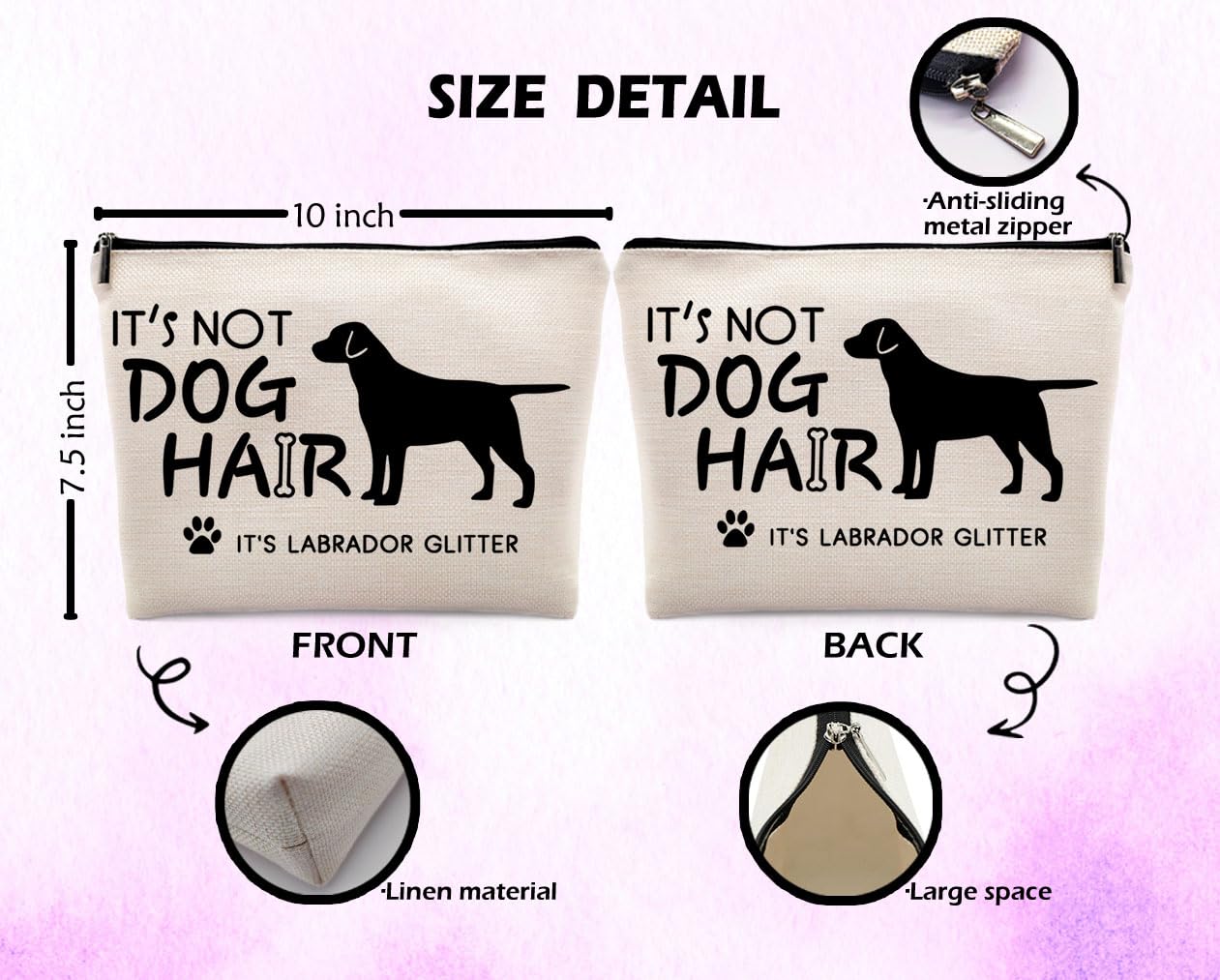 Dwept It's Not Dog Hair It's Labrador Glitter Cosmetic Bag, Dog Makeup Bag Zipper Cosmetic Pouch Bag Travel Linen Makeup Organizer, Labrador Retriever Gifts for Women Girls Teens Dog lovers