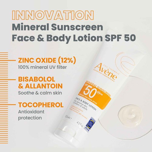 Avène Mineral Sunscreen Broad Spectrum SPF 50 Face and Body Lotion 4.23 Fl Oz