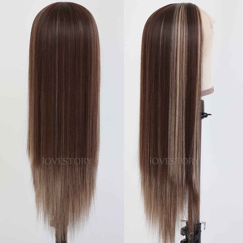 Lovestory Brown Hair Highlights 13x3 Synthetic Lace Front Wigs Long Straight Blonde Highlights Hair Wig Heat Resistant Synthetic Lace Front Wigs for Fashion Women
