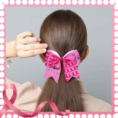 Suncalla 48 Pcs 7 Inches Breast Cancer Awareness Cheer Hair Bows Large Pink Ribbon Bow Scrunchie Glitter Hair Accessories Breast Cancer Awareness Decoration Elastic Scrunchie Band for Women
