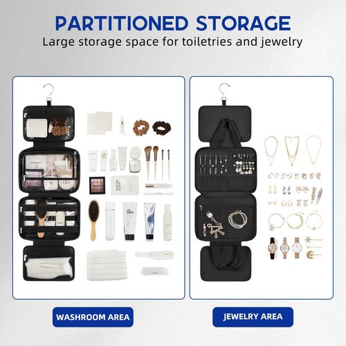 CONBOLA Travel Toiletry Bag Hanging Toiletry Makeup Bag with Jewelry Pockets, Cosmetic Storage Pouch,Jewelry Organizer for Rings Bracelets, Necklaces，Necklace Vacation and Travel Essentials.(Black)