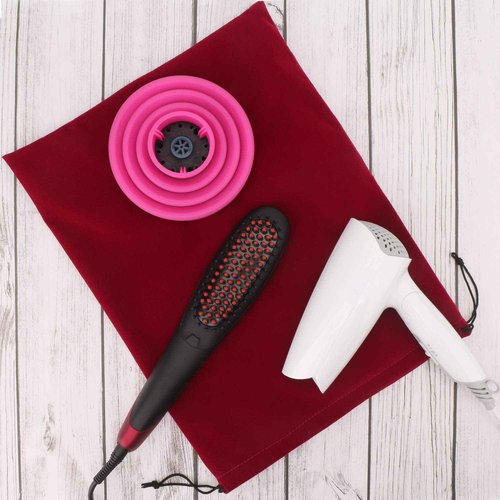 Segbeauty 3Pcs Hair Dryer Storage Bag, Blow Dryer Bag, 11.8x15.7 inches Satin Lined Organizer with Drawstring Wine Red Velvet Pouch Bag for Diffuser Straighteners Brush Clothes Gift Present