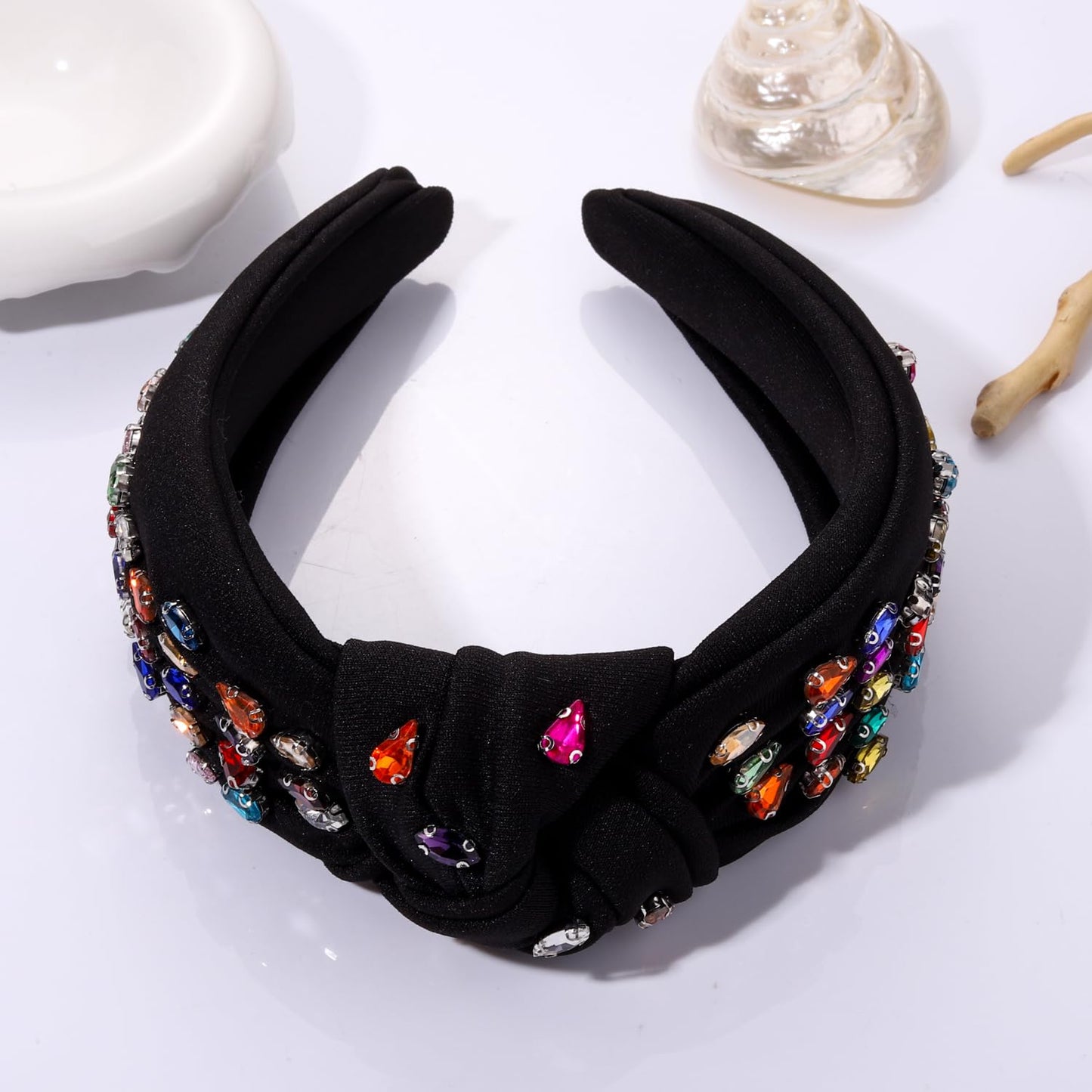 BVGA Rhinestone Knotted Headband for women Sparkly Rainbow Crystal Embelishied Wide Hairbands Twist Turband Headead (black)