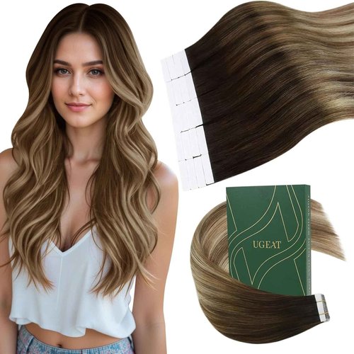 Ugeat Blonde Tape in Extensions Real Human Hair Ombre Hair Extensions Tape ins Dark Brown Mix Medium Brown with Light Blonde Ombre Straight Short Natural Hair for Thanksgiving Day 14Inch 40G 20Pcs