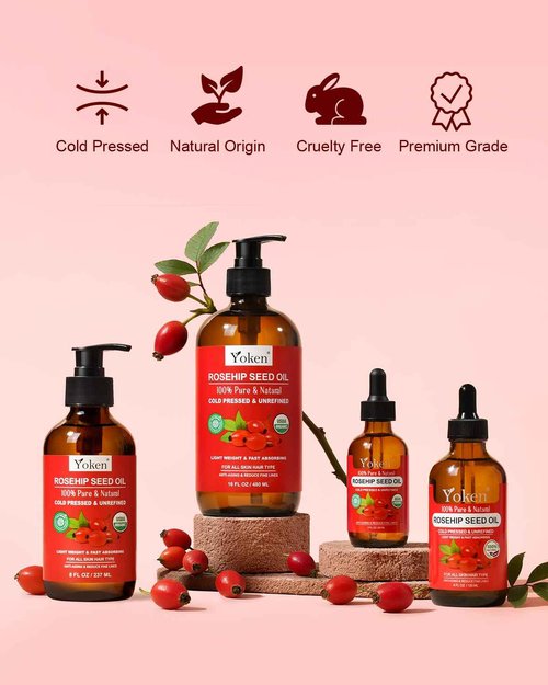 Yoken Organic Rosehip Seed Oil, USDA 100% Pure Rosehip Oils for Face, Hair & Body, Large Glass Bottle 16 fl oz Cold Pressed Rose Hip Oil for Skin Care, Moisturizing, Massage, Gua Sha & DIY Blends