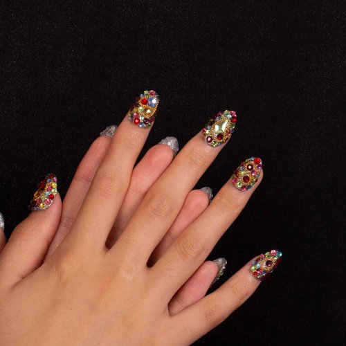 LOVFUL Press on Nails Precious | Handmade with Full Covered Crystals | Reusable Fake Nails | Almond Short 0.8 in | H175-S