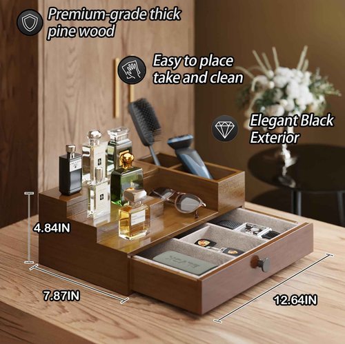 UUyuality Pine Wood Cologne Stand Organizer for Men, 3 Tier Cologne Display Shelf Organizer with Hidden Compartment and Velvet Lining Drawer, Perfume Display Holder (Brown, 01)