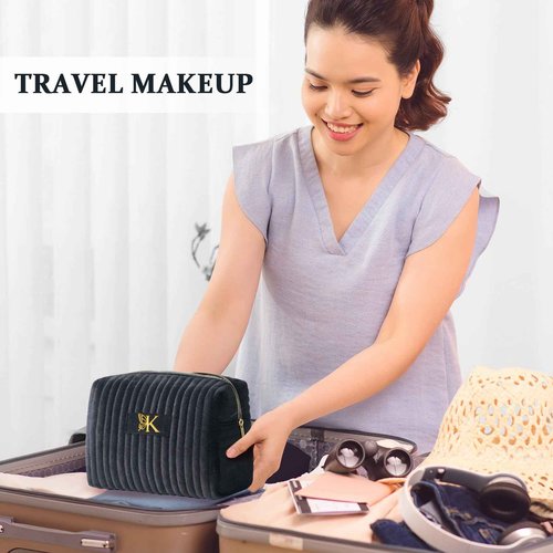 COSHAYSOO Travel Makeup Bag Quilted Make Up Pouch Initial Velvet Cosmetic Case with Butterfly Decorations for Women Cosmetics Complexion Skincare Products Tools Accessories Organizer Black Letter Q