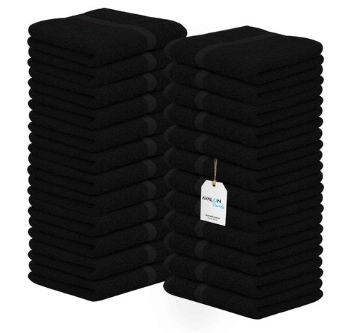 Avalon Towels Cotton Washcloths – (Pack of 24) Size 12x12 Inches, 100% Ring Spun Cotton, Soft & Absorbent Face Towels, Gym Towels, Hotel and Spa Quality, Reusable Fingertip Towels (Black)