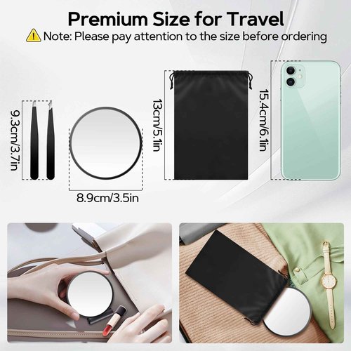 MIYADIVA Magnifying Mirror Set, 20x&30x&40x Suction Cup Makeup Mirror, 2 Tweezers & Storage Bag, 3.5 Inch Compact Mirror for Travel, Bathroom, Home, Gifts for Women