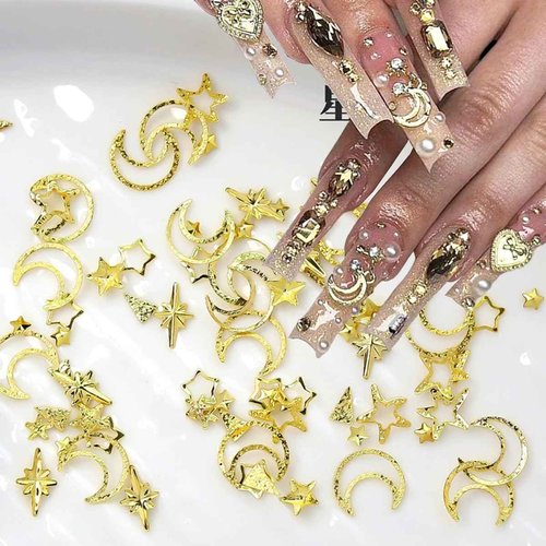 2 Box Gold Star Moon Nail Charms 3D Metallic Art Studs for Jewelry Decorations Luxury Design Supplies Accessories DIY Acrylic Kit