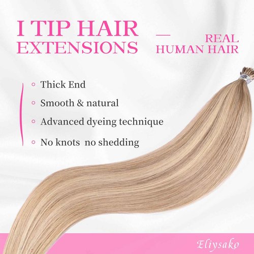 Eliysako I Tip Hair Extensions Human Hair Blonde Itip hair Dark Blonde Mix Bleach Blonde 20inch 50g/pack Itip Human Hair Extensions Real Soft Nature Cold Fusion For Women