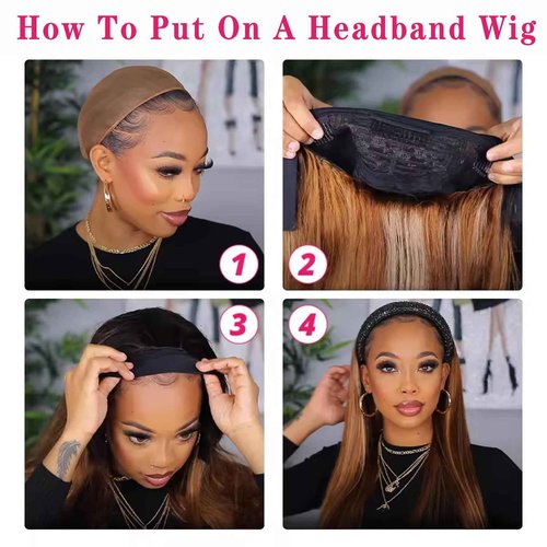 Celiarita Ombre Highlight Headband Wig Human Hair Straight 14 inch None Lace Front Machine Machine Made Headband Wigs Human Hair Blonde Colored Wig Natural Hairline Half Wigs for Black Women