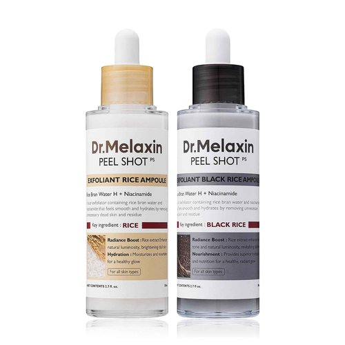Dr.Melaxin Peel Shot Glow White and Black Rice Ampoule Duo, Soft Exfoliating Face and Body Scrub Dead Skin Cells, Blackheads Remover for All Skin Types