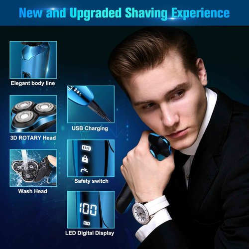 Electric Razor for Men, Cordless 3D Rotary Head Shavers for Men Face, Wet/Dry Waterproof, LED Display, Ideal Gift for Husband/Dad/Boyfriend (Blue)