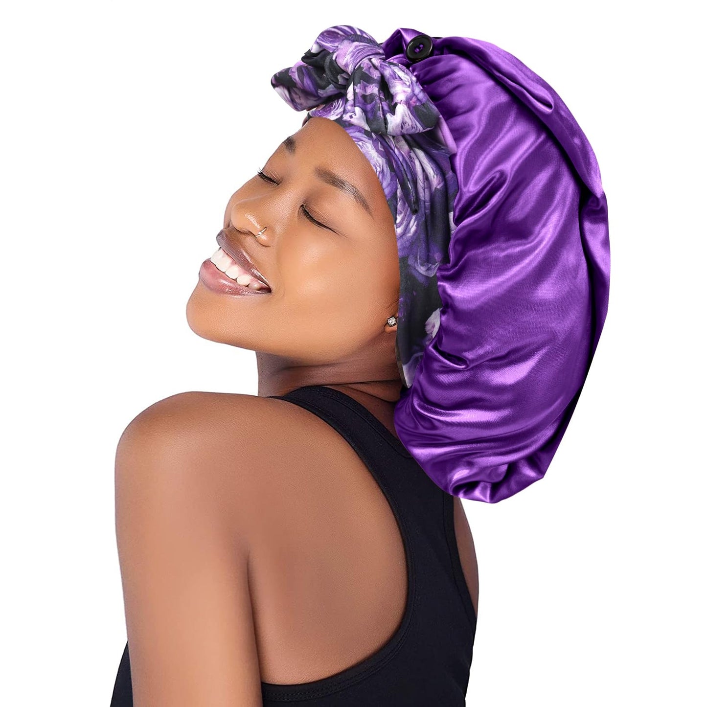 Isshin Beauty Satin Silk Bonnet Hair Cap: Long Bonnets with Elastic Tie Band Adjustable Straps Jumbo Size (Purple Flower)