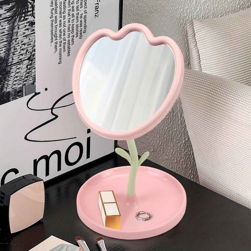 LIYAZHIL Flower Shaped Desk Mirror with Tray Adjustable Angle Tabletop Vanity Makeup Mirror for Home Decoration